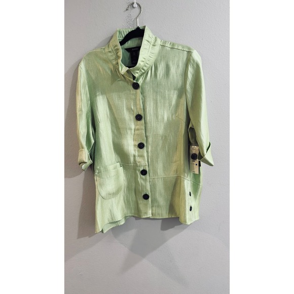 Ali Miles Women's Chartreuse 3/4 Sleeve Artsy Button Up Jacket Top Petite XL NEW - Picture 10 of 13